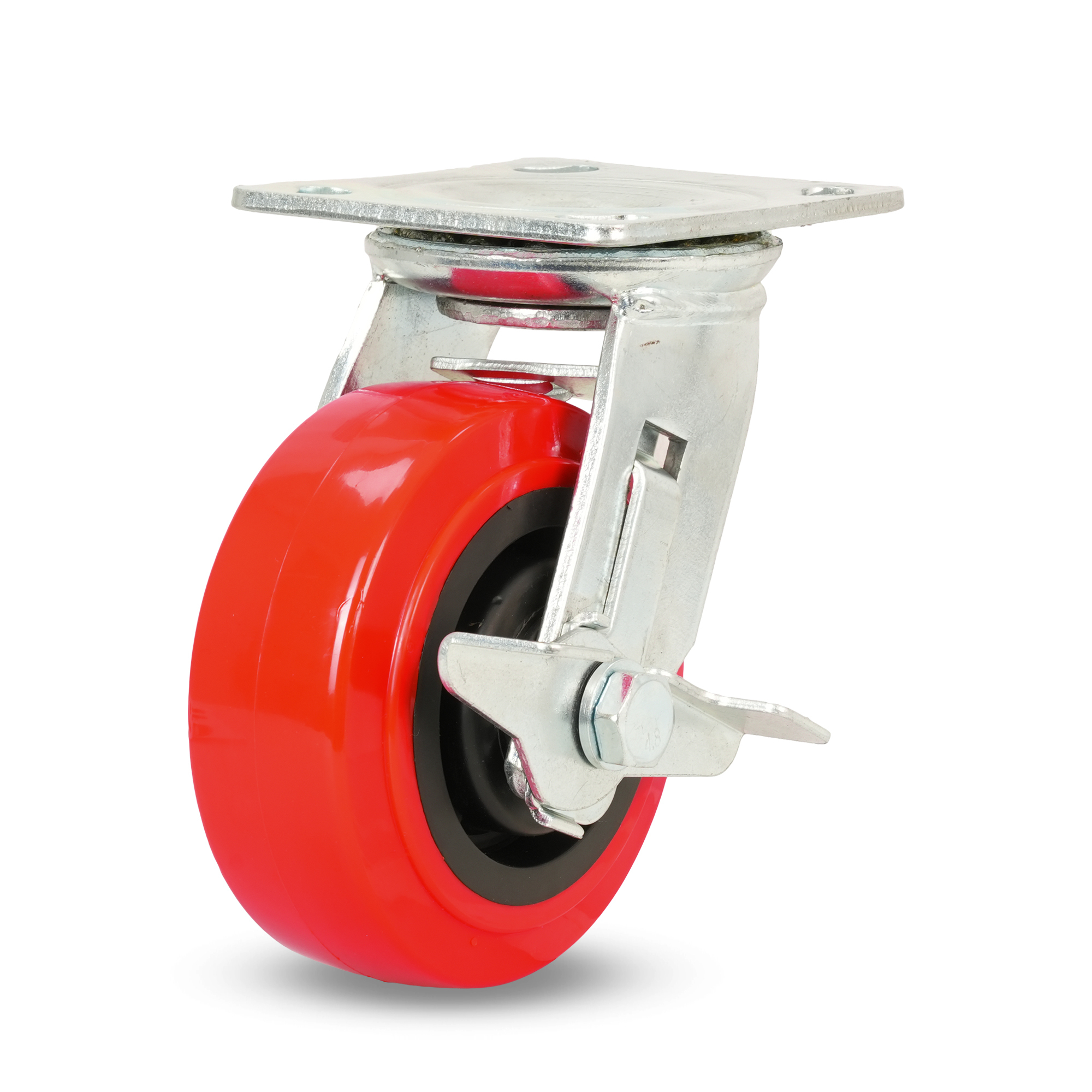 Klutch 5in. Polyurethane Swivel Caster with Brake, 660-Lb. Capacity, Red